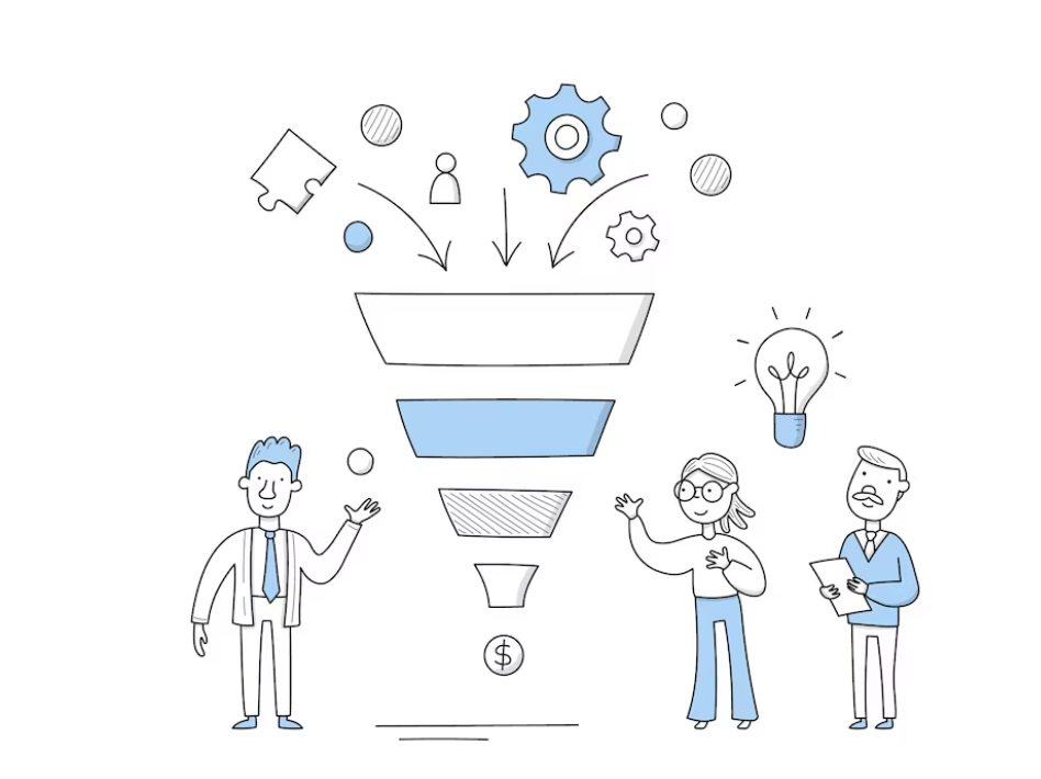 Business funnel concept with people and sales funnel. vector doodle illustration of Internet marketing strategy