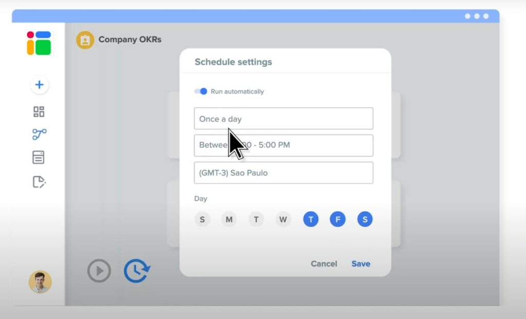 Company OKRs page in the Sheetgo tool with an open Schedule settings pop-up form