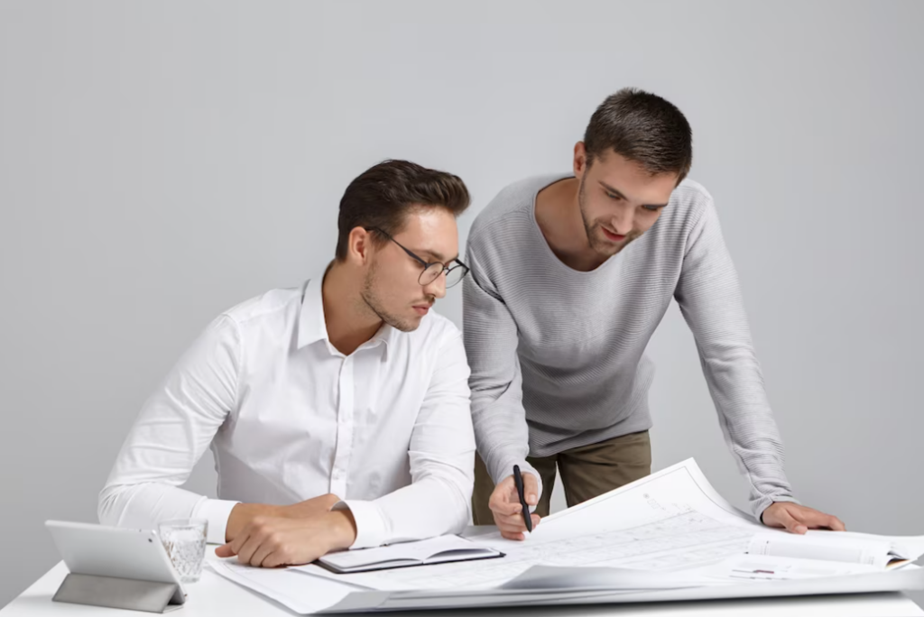 photo teamwork, job, and cooperation, picture of two colleagues in the office